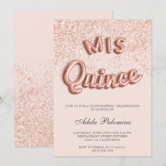 RosengoldGlitter-Ballone Chic erröten Quinceañera Einladung