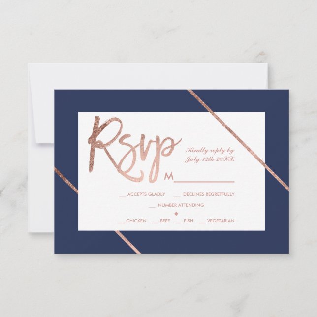 Rosengoldtypographiestreifen-Marineblau-uAwg RSVP Karte (Vorderseite)