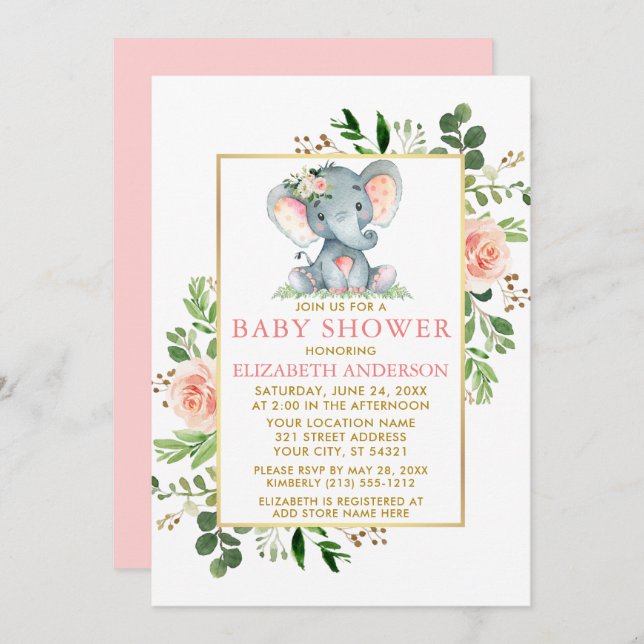 Rosengrün Elephant Baby Dusche Gold Einladung (Vorne/Hinten)
