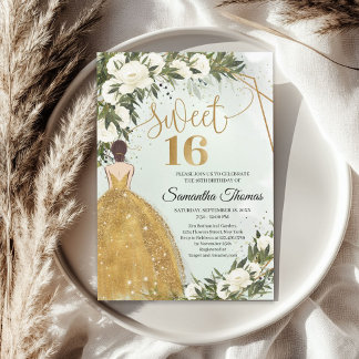 Rosengrün, goldfarbenes Kleid Einladung