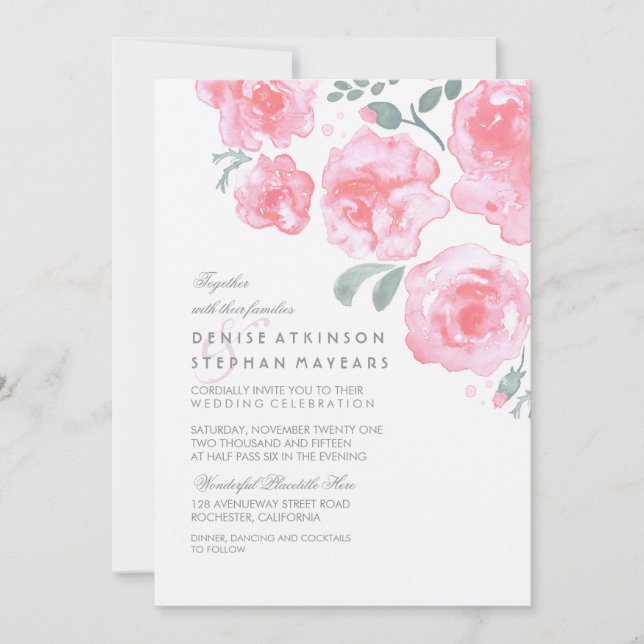 Rosenhochzeit - Einladungen zu Aquarellfarben (Vorderseite)