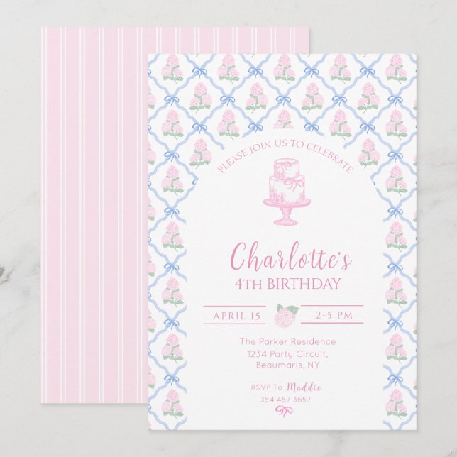 Rosenholunder Hortensie Blaue Schleife Spalier Einladung (Vorne/Hinten)