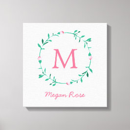 Rosenknospe Wreath Pink & Green Name Kinderzimmer  Leinwanddruck