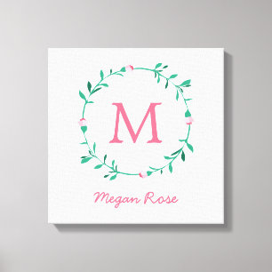 Rosenknospe Wreath Pink & Green Name Kinderzimmer Leinwanddruck