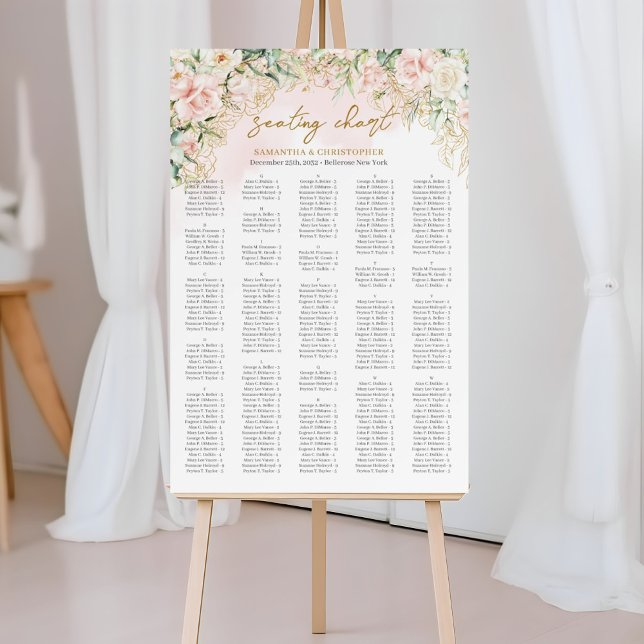 Rosenrosa Eukalyptus Alphabetis Poster (Elegant Boho blush floral gold frame wedding seating chart)