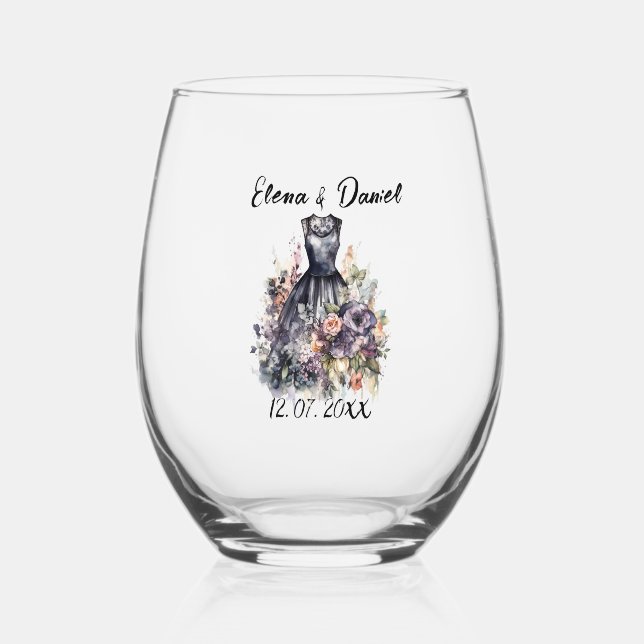 Rosenrosa Wasserfarbe Schwarzes Hochzeitskleid Weinglas Ohne Stiel (Vorderseite)