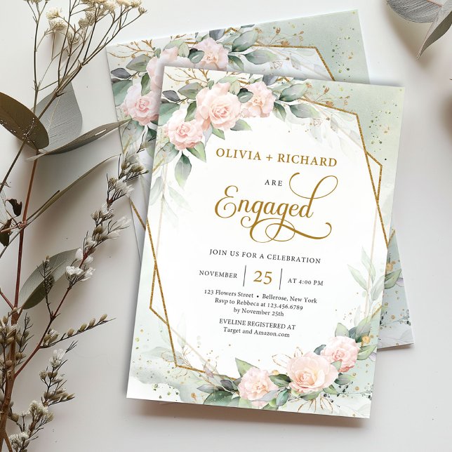 Rosenrosen Eukalyptus-Verlobung Einladung (Modern watercolor pale pink roses mixed eucalyptus and gold frame engagement invitation digital)
