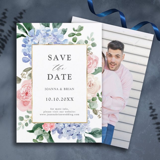 Rosenrosen-Foto Save The Date (dusty blue pink hydrangea floral photo save the date)