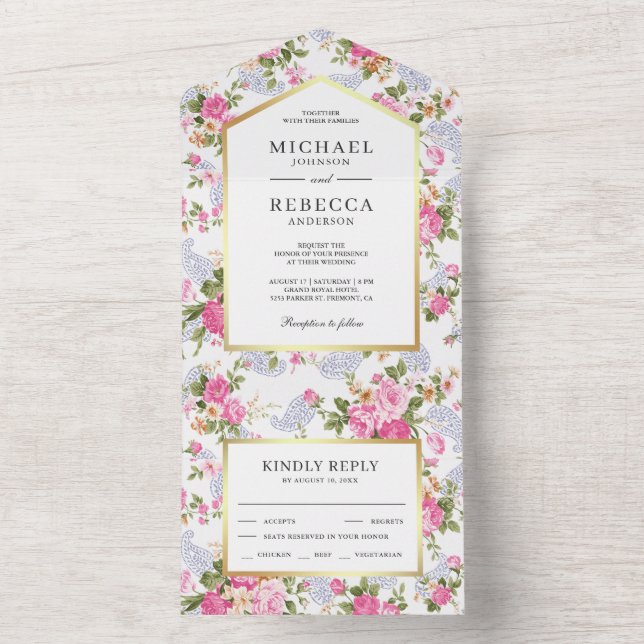Rosenrosen Hochzeit im eleganten Botanischen Garte All In One Einladung (Innen Boden)