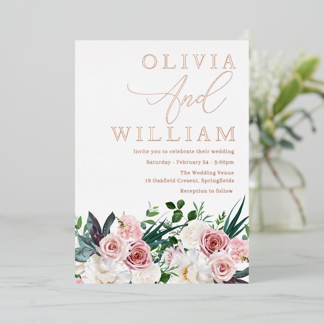 Rosenrosen Hochzeit Rose Gold Folieneinladung (Stehend vorne)