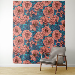 Rosenrosen mit blauen Blätter auf blau Wandteppich