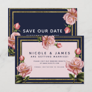 Rosenrosen Navy Blue & Gold Modern Save the Date Einladung