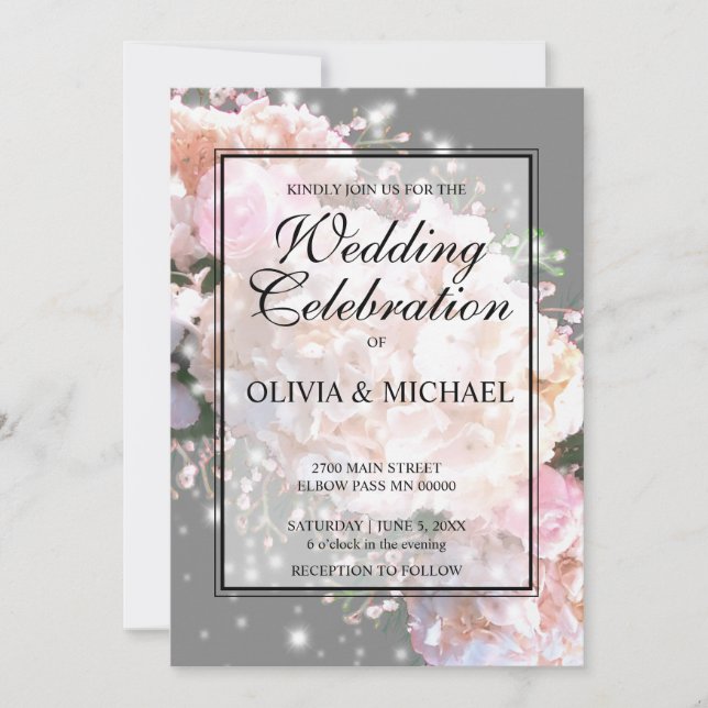 Rosenrosen, rosa, rosa, rosa, rosa und grau einladung (Vorderseite)