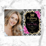 Rosenrosen Schwarz-weiß Damask Foto 50. Geburtstag Einladung<br><div class="desc">Elegante florale feminine 50. Geburtstagseinladung mit Ihrem Foto. Glam Schwarz-weiß rosa Design mit Imitaten Glitzer Gold. Enthält schwarz-weiße Damast-Muster,  rosa Rosen,  Script-Schriftart und Konfetti. Ideal für ein stilvolles Party für Erwachsene. Personalisieren Sie Ihre persönlichen Daten. Kann für jedes Alter angepasst werden! Gedruckte Zazzle Einladungen oder Sofortdownload digitalen druckbaren Vorlage.</div>