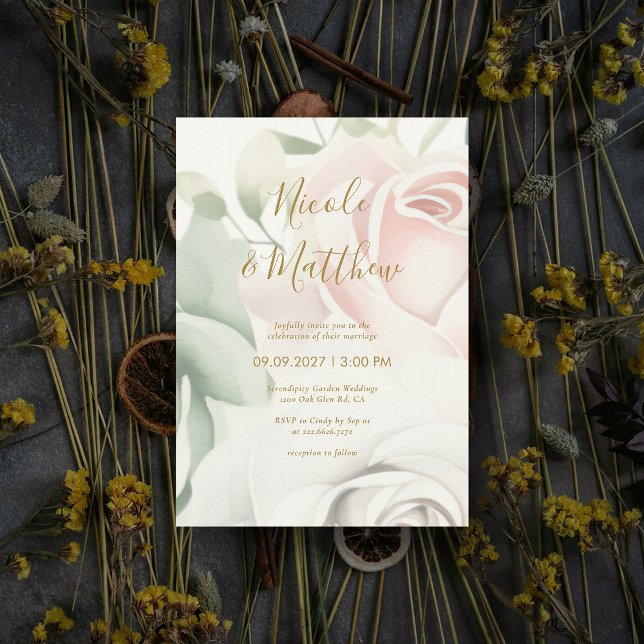 Rosenrosen und Personalisierte Hochzeit Einladung (Pink Roses & Gold Script Personalized Wedding Invitation)