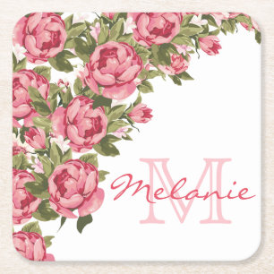 Rosenrosen, Vintag, Rosa Rose, Name der Peonies, M Rechteckiger Pappuntersetzer
