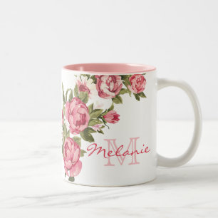 Rosenrosen, Vintag, Rosa Rose, Name der Peonies, M Zweifarbige Tasse