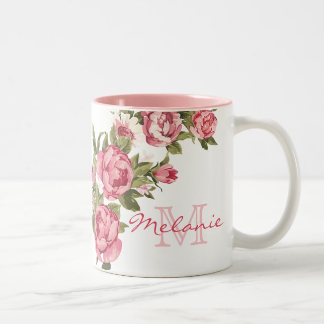 Rosenrosen, Vintag, Rosa Rose, Name der Peonies, M Zweifarbige Tasse (Rechts)