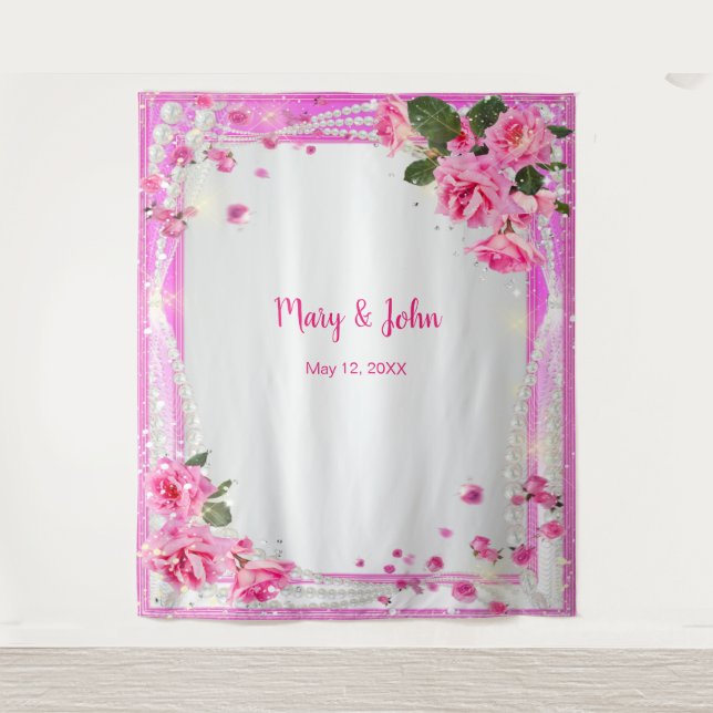 Rosenstöcke und Perlen im Hintergrund Wandteppich (Vorderseite)