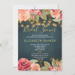 Rosenstrahlen aus rosa Rosen und goldenes Brautpar Einladung