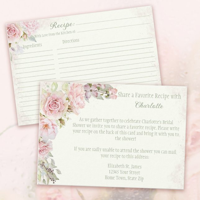 Rosenzüge Grünes Brautparty Rezept Begleitkarte (Pink Roses Bridal Shower Recipe Cards Jade Green. 
Invite the Guests to share a favorite recipe.)