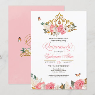 Roses Butterfets Quinceanera Gold Tiara Einladung