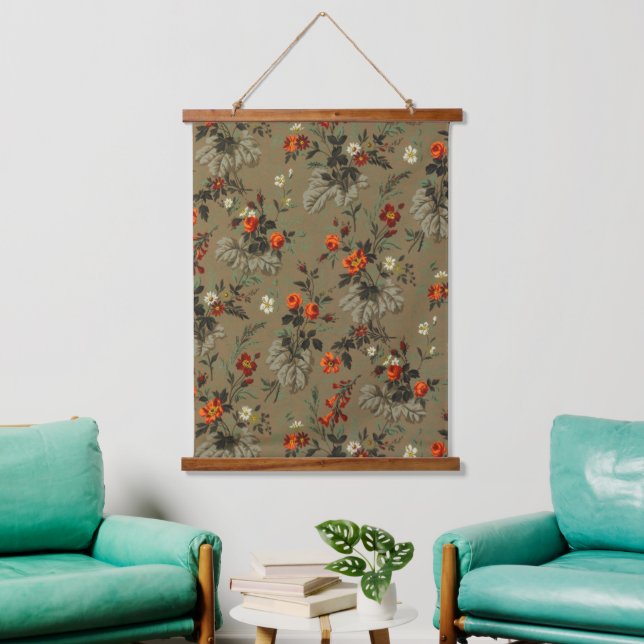 Roses & Daisies Floral Pattern Antique Wallpaper Wandteppich Mit Holzrahmen (Wohnzimmer)