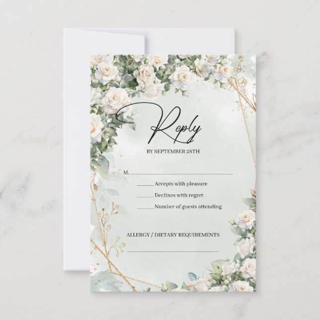 Roses eucalyptus grün und gold RSVP karte (Vorderseite)
