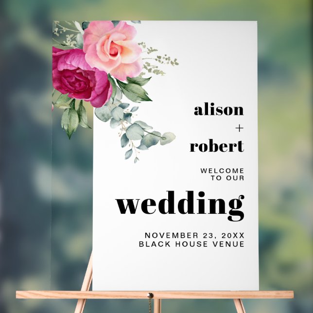 Roses eucalyptus Hochzeit WELCOME Acrylschild (Neutral)