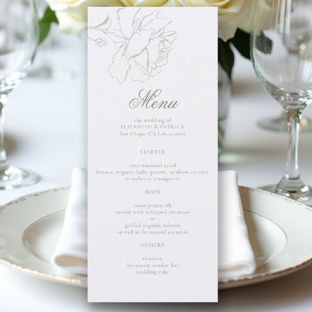 Roses Formal Modern Classic Pearl Elegant Wedding Menükarte (ethereal wedding theme white table menu formal traditional modern classic floral roses elevated)