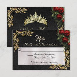 Roses & Gold Leaves - Black RSVP Karte