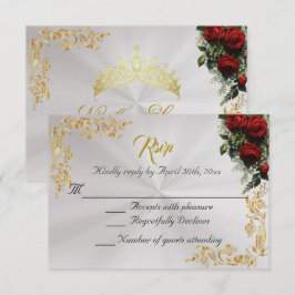 Roses & Gold Leaves - Pearl White RSVP Karte