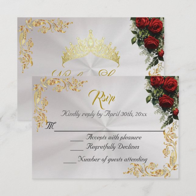 Roses & Gold Leaves - Pearl White RSVP Karte (Vorne/Hinten)