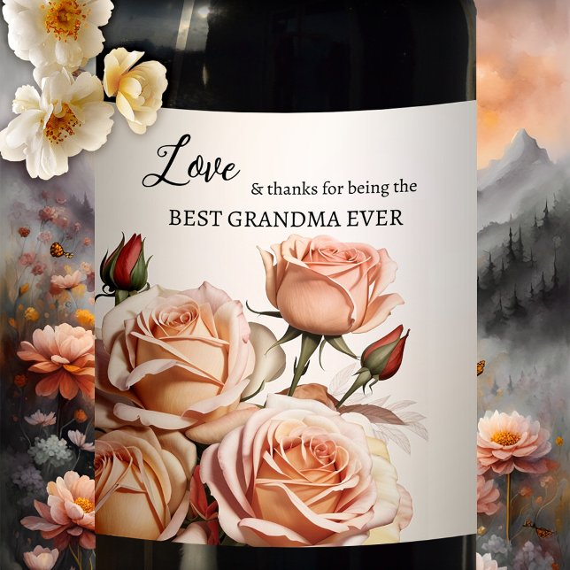 Roses Großmutter Weinetikett (Wine label featuring pink peach roses. Nice for mom or grandma, for a birthday or Mother's Day)