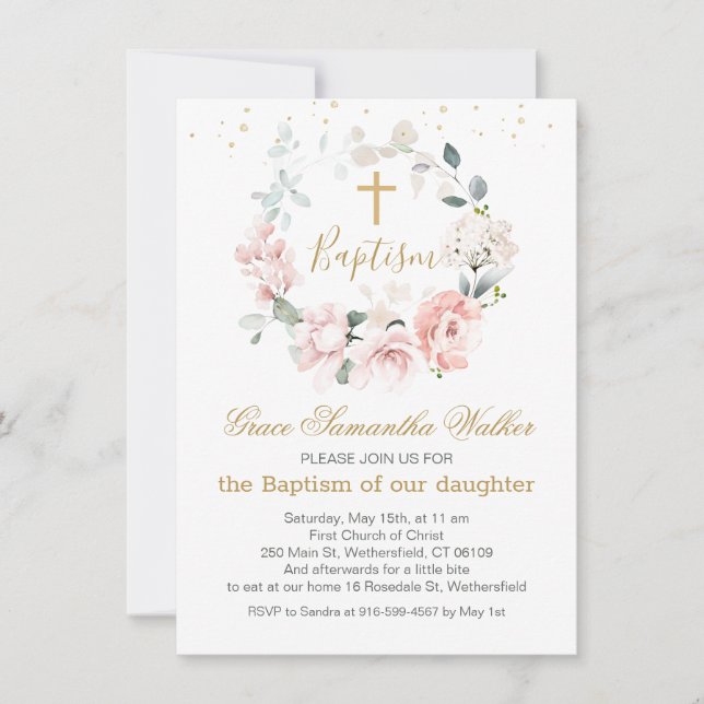 Roses Grüne Blätter Kreuztaufe Einladung (Vorderseite)