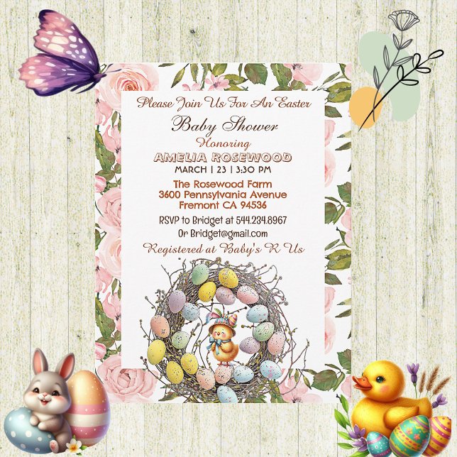Roses Grüne Ostereier Nest Chick Floral Einladung (Pink Roses Greenery Easter Eggs Nest Chick Floral Invitation)