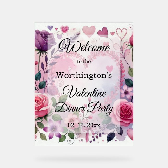 Roses hearts Valentine floral pastel watercolor Acrylschild (Vorderseite)