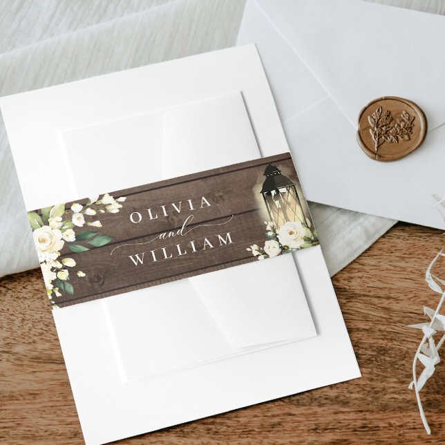 Roses Lantern Rustic Wood Wedding Einladungsbanderole (Von Creator hochgeladen)