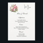 Roses Menu Card Menükarte<br><div class="desc">This Menu Card template is shown on the basic paper in white with a lovely pink and white rose print design. Script and standard text are in a black color. Customize the names and menu items by clicking the customize or edit button, use the offered templates to change to your...</div>