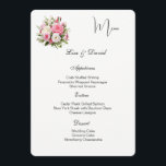 Roses Menu Card Menükarte<br><div class="desc">This Menu Card template is shown on the basic paper in white with a lovely pink and white rose print design. Script and standard text are in a black color. Customize the names and menu items by clicking the customize or edit button, use the offered templates to change to your...</div>