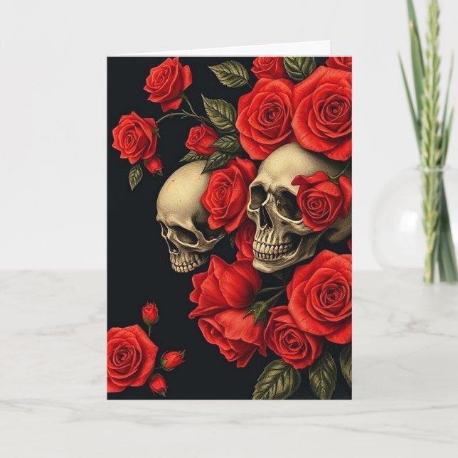 Roses n Skulls Valentine Card Dankeskarte (Vorderseite)