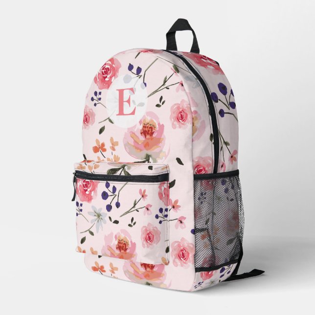 Roses Peonies Aquarellfarben Monogramm Bedruckter Rucksack (Rückseitige Ecke Rechts)