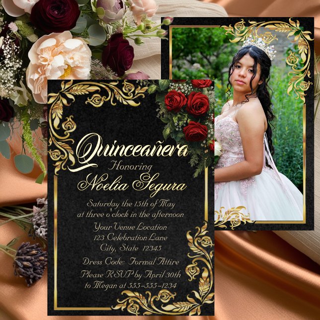 Roses, Photo & Gold Frame - Black Quinceanera  Folieneinladung (Von Creator hochgeladen)