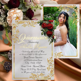 Roses, Photo & Gold Frame - Pearl Quinceanera  Folieneinladung