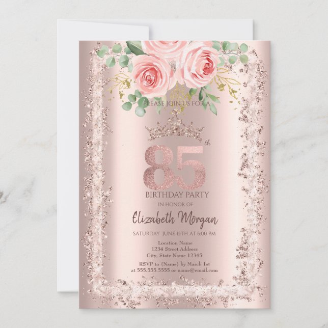 Roses,Rose Gold Glitter Frame Crown 85th Birthday Einladung (Vorderseite)