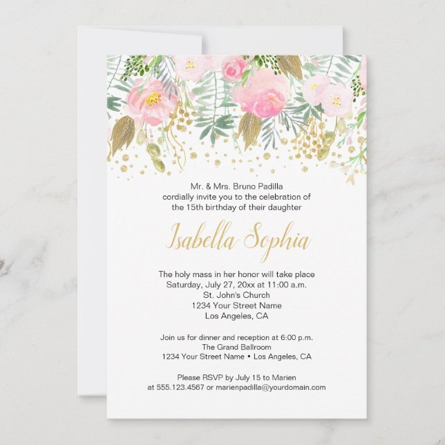 Roses Roses Roses Glitzer Grüne Quinceanera Einladung (Vorderseite)