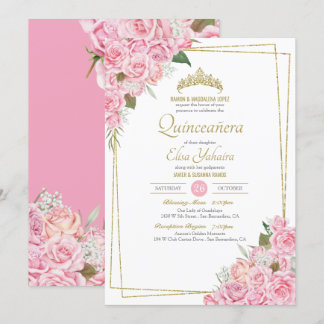 Roses Roses Roses Gold Tiara Quinceanera Einladung