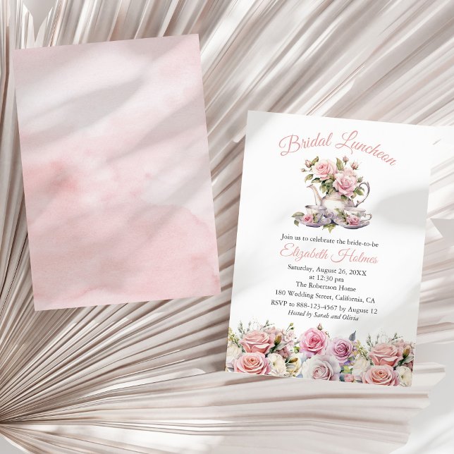 Roses Roses Set Bridal Luncheon Einladung (Blush Pink Roses Tea Set Bridal Luncheon Invitation on  a sunny neutral dry palm leaf.)