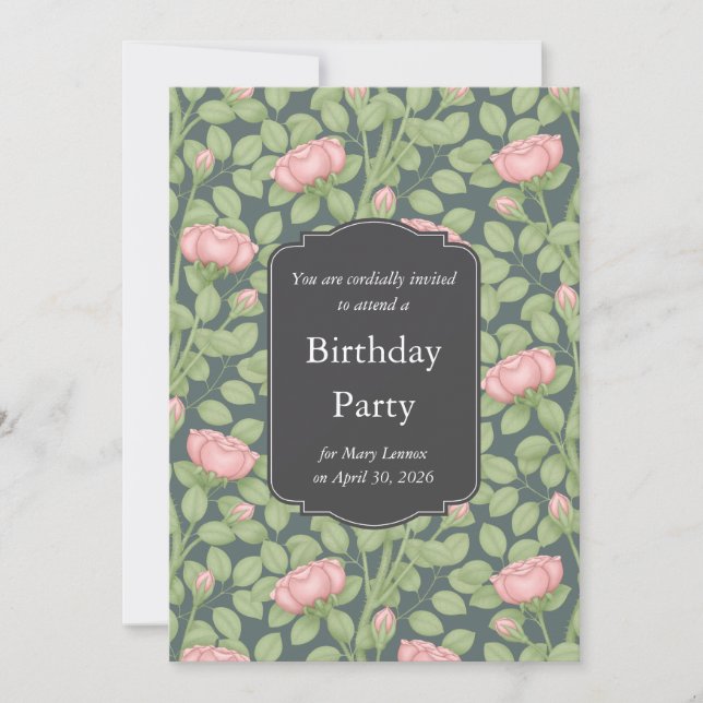 Roses Secret Garden Slate Blue Birthday Einladung (Vorderseite)