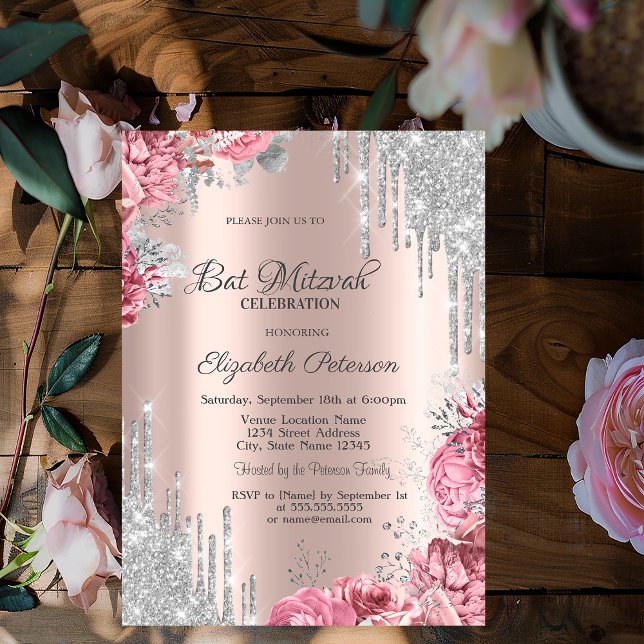 Roses Silver Glitter Drips Rose Gold Bar Mitzvah Einladung (Von Creator hochgeladen)